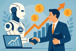 AI robot shaking hands with salesman